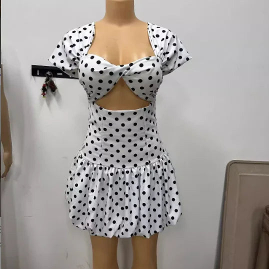 CM.YAYA Women Dot Printed Draped Big Swing Waist Dress 2025 Short Sleeve Evening Sexy Club Party Evening High Street Dresses