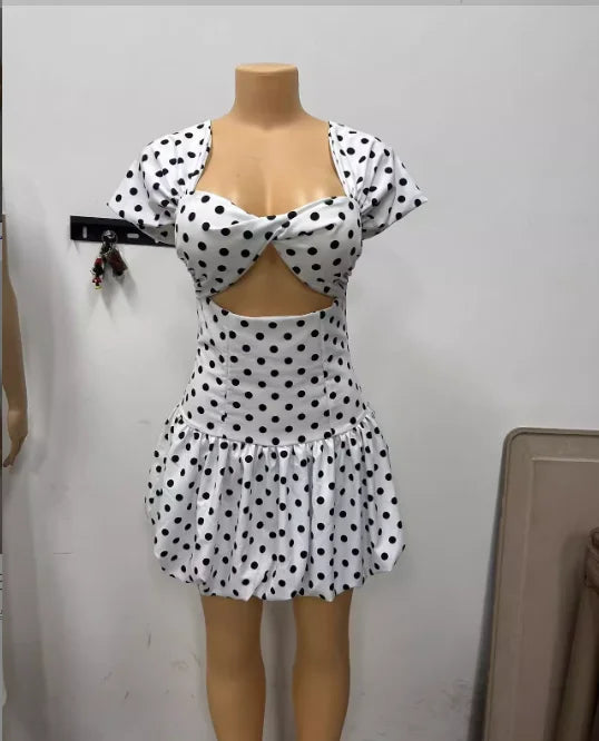 CM.YAYA Women Dot Printed Draped Big Swing Waist Dress 2025 Short Sleeve Evening Sexy Club Party Evening High Street Dresses