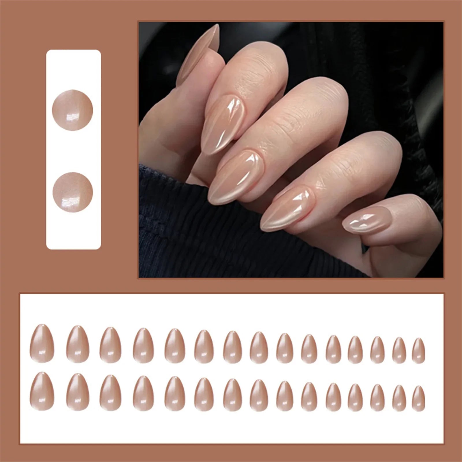30Pcs Short Almond Fake Nails Glossy Nude Color Press On Nails Sweet Girls Daily Charm Manicure Retro Fashion False Nails Art