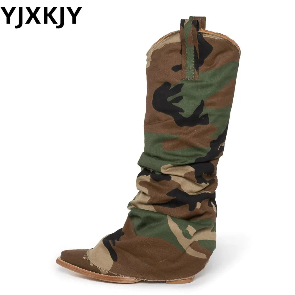 YJXKJY 2023 European and American New Women's Camouflage Denim Wedge-Soled Shoes Sleeve Knee Boots Camo Female Big Size Shoes