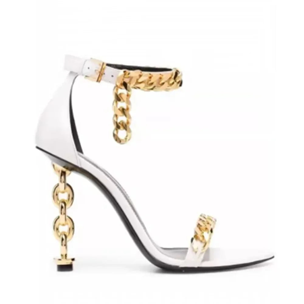European and American Summer New Metal Chain High Heel Sandals Fashion Show One Line Sexy Open Teeth Women's Sandals