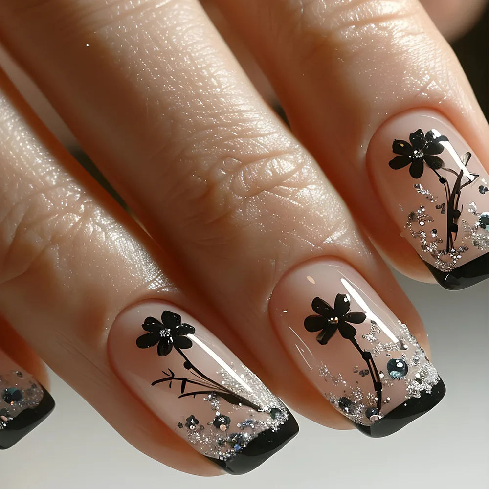 Short middle square ballet fake nails sparkling plant flowers maple leaves gradient Peacock feathers press on false nails set