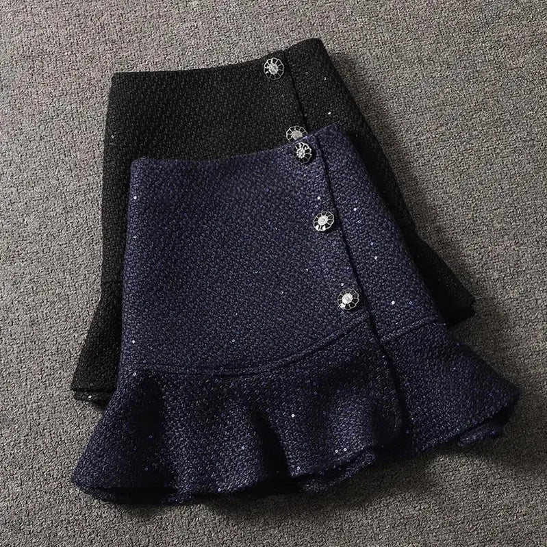 Jupe en Tweed à paillettes pour femmes, jupe sirène en laine, style coréen, taille haute, à volants, slim, automne hiver