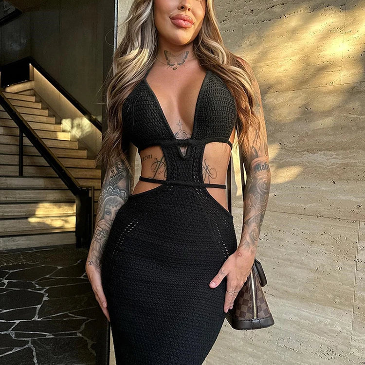 Hollow Out Halter Sexy Mini Dress Women Summer Sleeveless Backless Skinny Club Party Knit Tank Dress Vestido