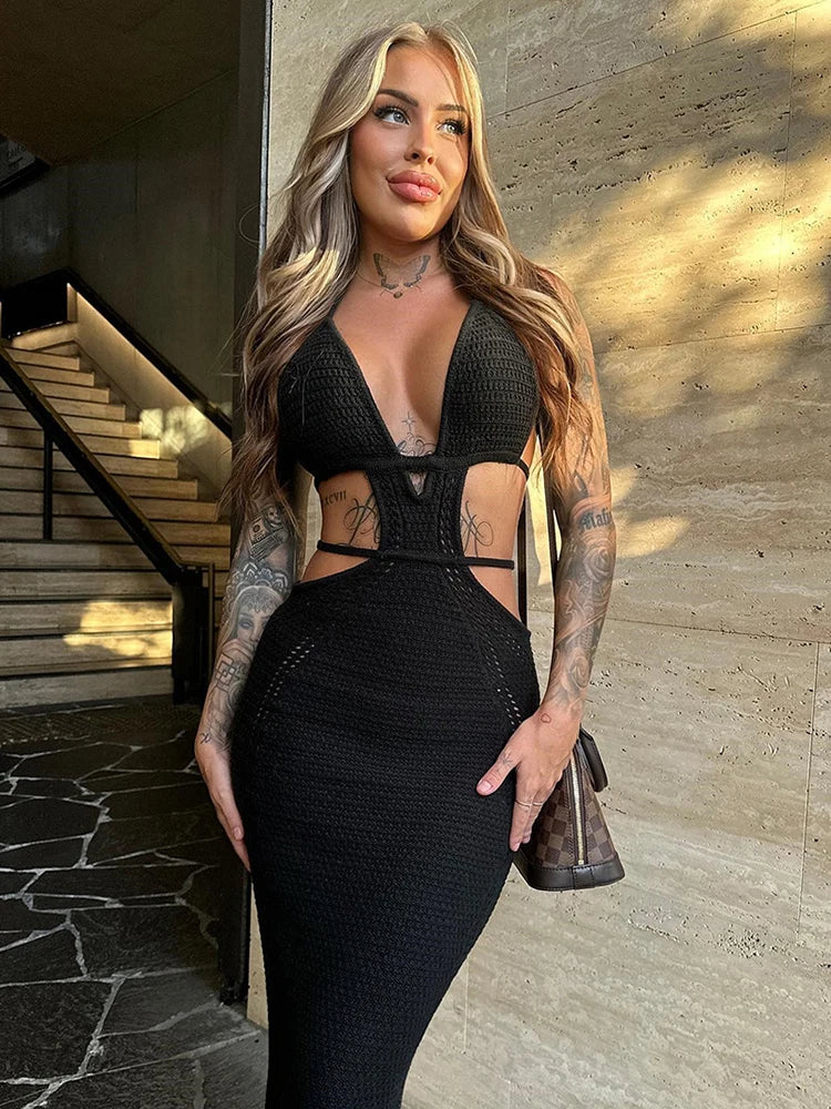 Hollow Out Halter Sexy Mini Dress Women Summer Sleeveless Backless Skinny Club Party Knit Tank Dress Vestido