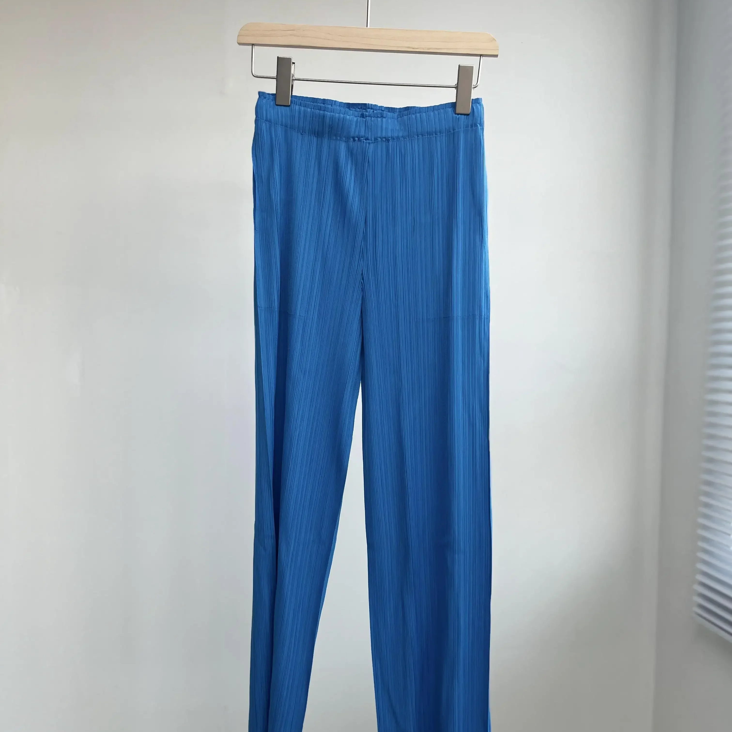 Spring Summer Autumn Women Casual Elegant Ladies Miyake Designer Casual Loose Straight Pleated Pants High Waist Trousers royal blue One Size