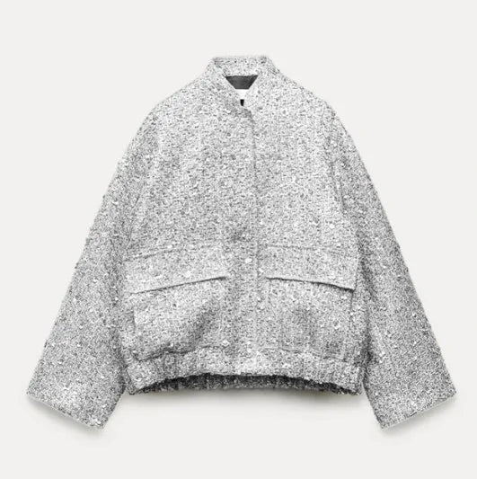 Fashion Gold Sequin O-neck Women Short Jacket Covered Button Long Sleeve Loose Elegant Coat Autumn farty Casual Lady Streetwears silver