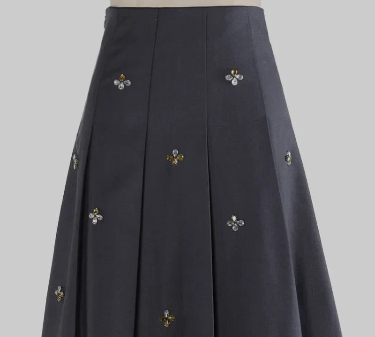 Spring Women French Style Luxury Rhinestone Beading Lady High Quality Solid Long Pleated Skirt