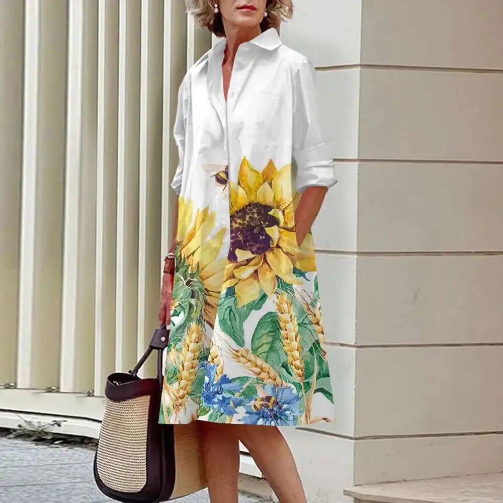 Vestidos de camisa elegantes femininos, moda outono, florais, manga comprida, soltos, linha A, vestidos femininos para escritório, vermelho, verde, lapela