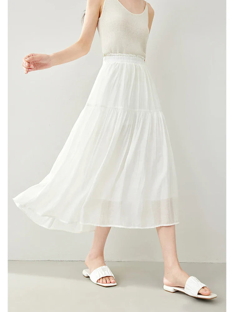 Vimly Black Elegant A-line Women's Midi Skirt Spring Simple Elastic Waist Solid Thin Female Skirts Women's Clothing M6079 Creamy-white