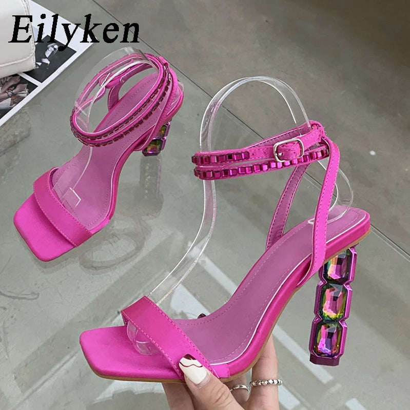 Summer Crystal Embellished High Heel Sandals Women Diamond Open Toe Ankle Strap Silk Satin Rhinestone Banquet Shoes