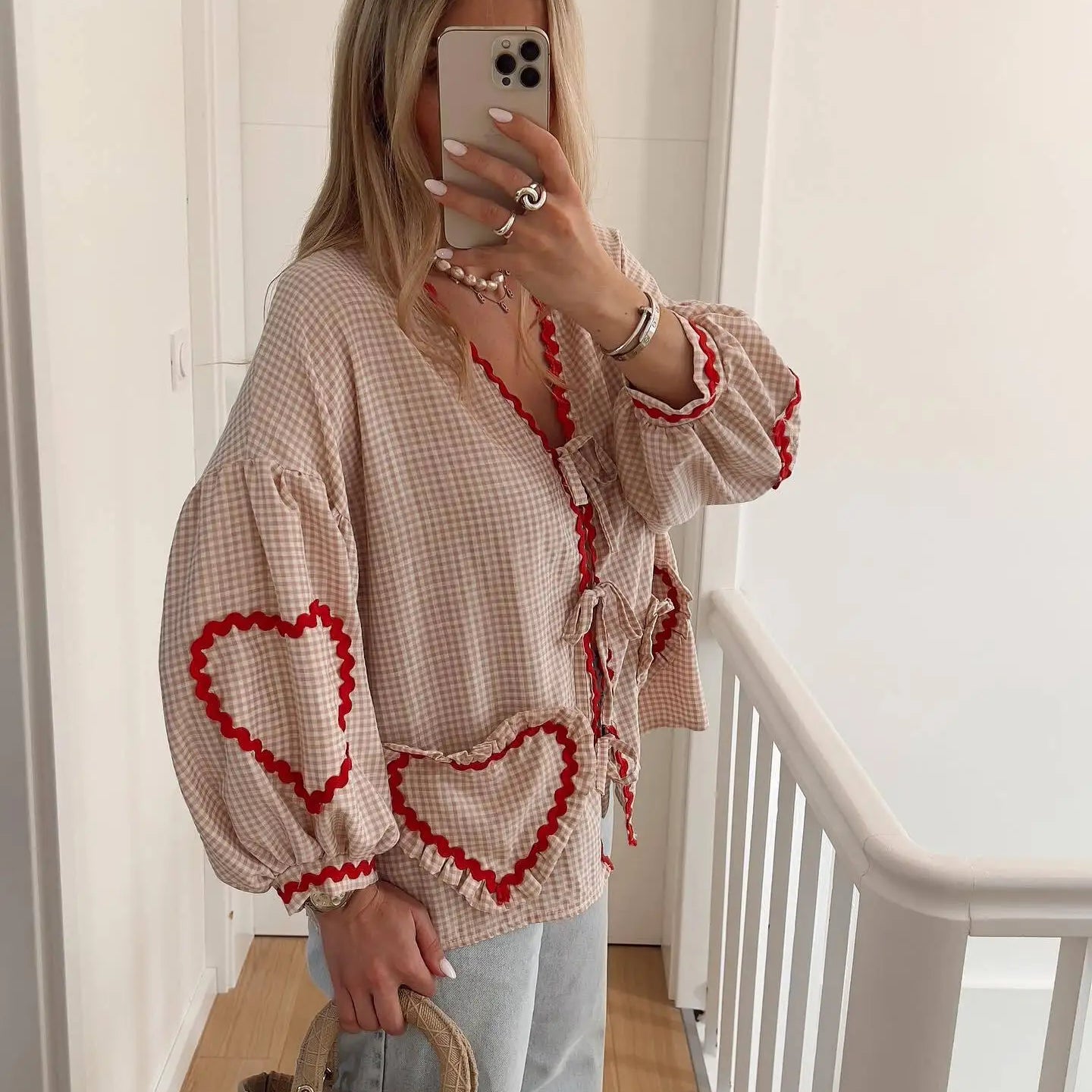 Vintage Women Loose Heart Pockets Shirts Fashion Ladies Casual V Neck Bow Buttons Blouses for Female Chic Tops Clothes
