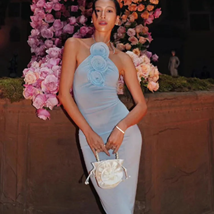 Women Celebrity Sexy Backless Halter Flower Sky Blue Maxi Long Gowns Dress 2024 Elegant Evening Party Club Dress Vestido