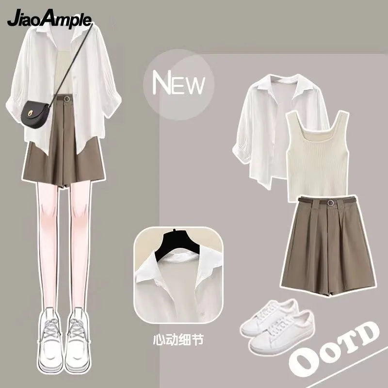 Women's Tracksuit Suit Summer Casual Sunscreen Shirt Top Vest Shorts Three Piece Korean Chic Blouse Pants Matching Set