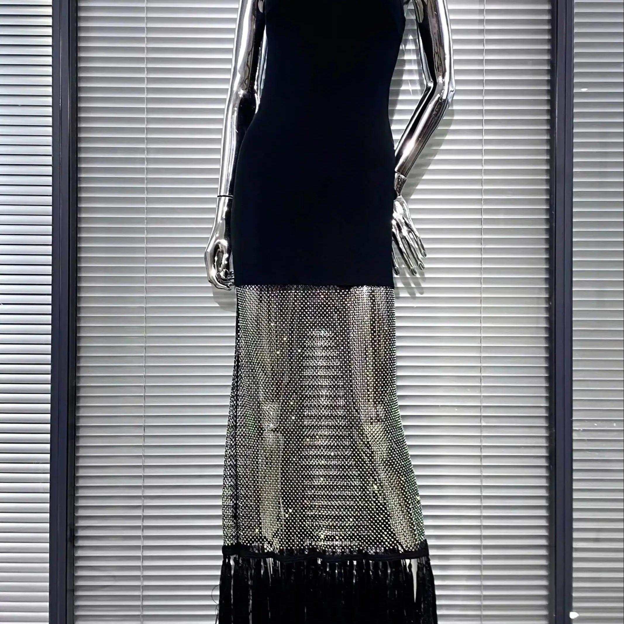 Shining Diamond See Through Mesh Tassels Black Bandage Ankle Length Dress Fashion Woman Party Dress Birthday Party Outfit