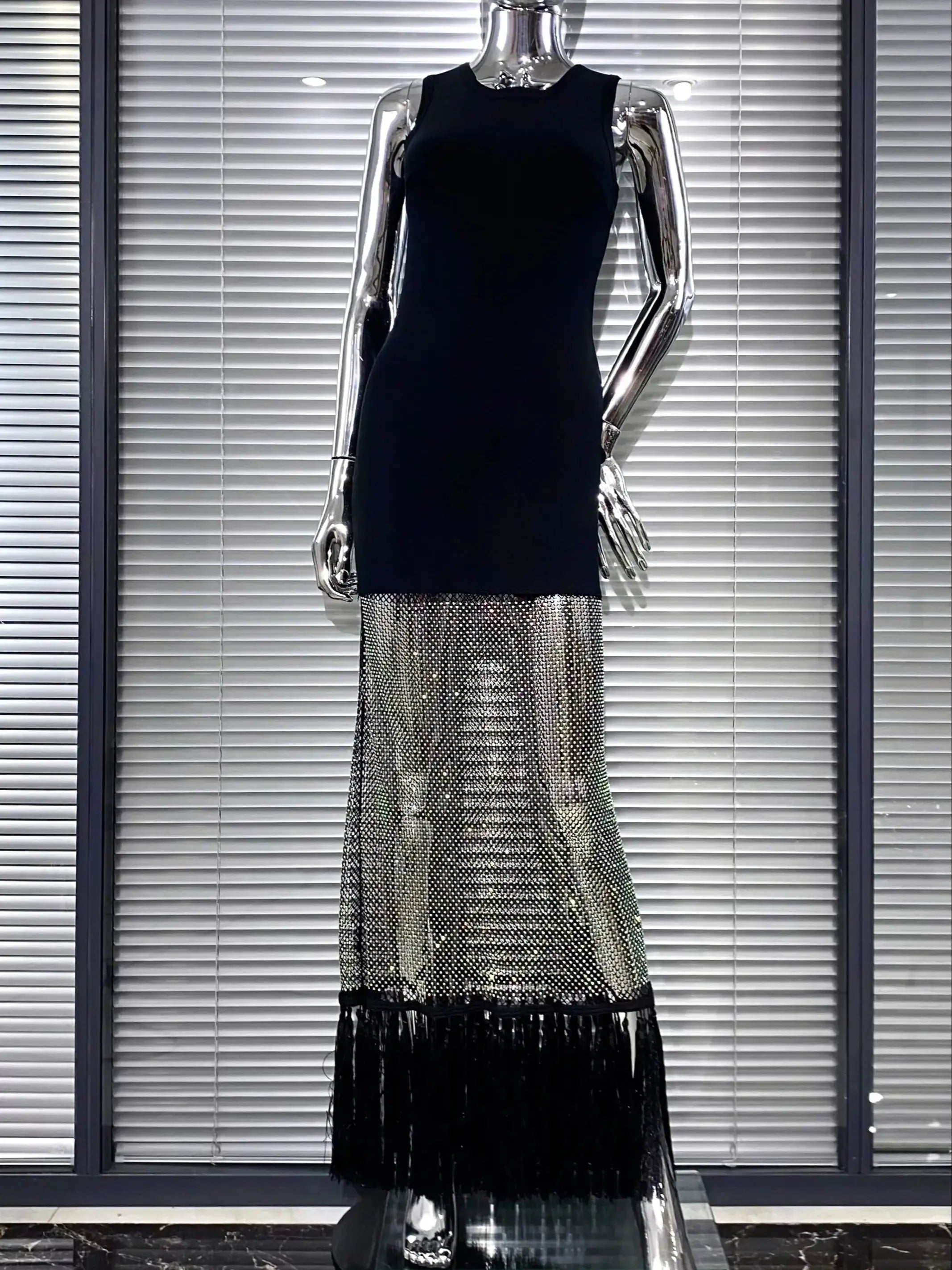 Shining Diamond See Through Mesh Tassels Black Bandage Ankle Length Dress Fashion Woman Party Dress Birthday Party Outfit