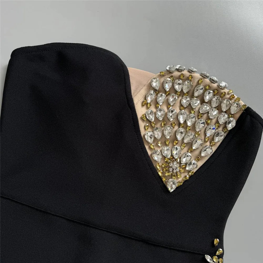 Women Sexy Strapless Shinning Crystal Bodycon Bandage Long Dress Celebrate Evening Party Red Carpet Outfit Vestido