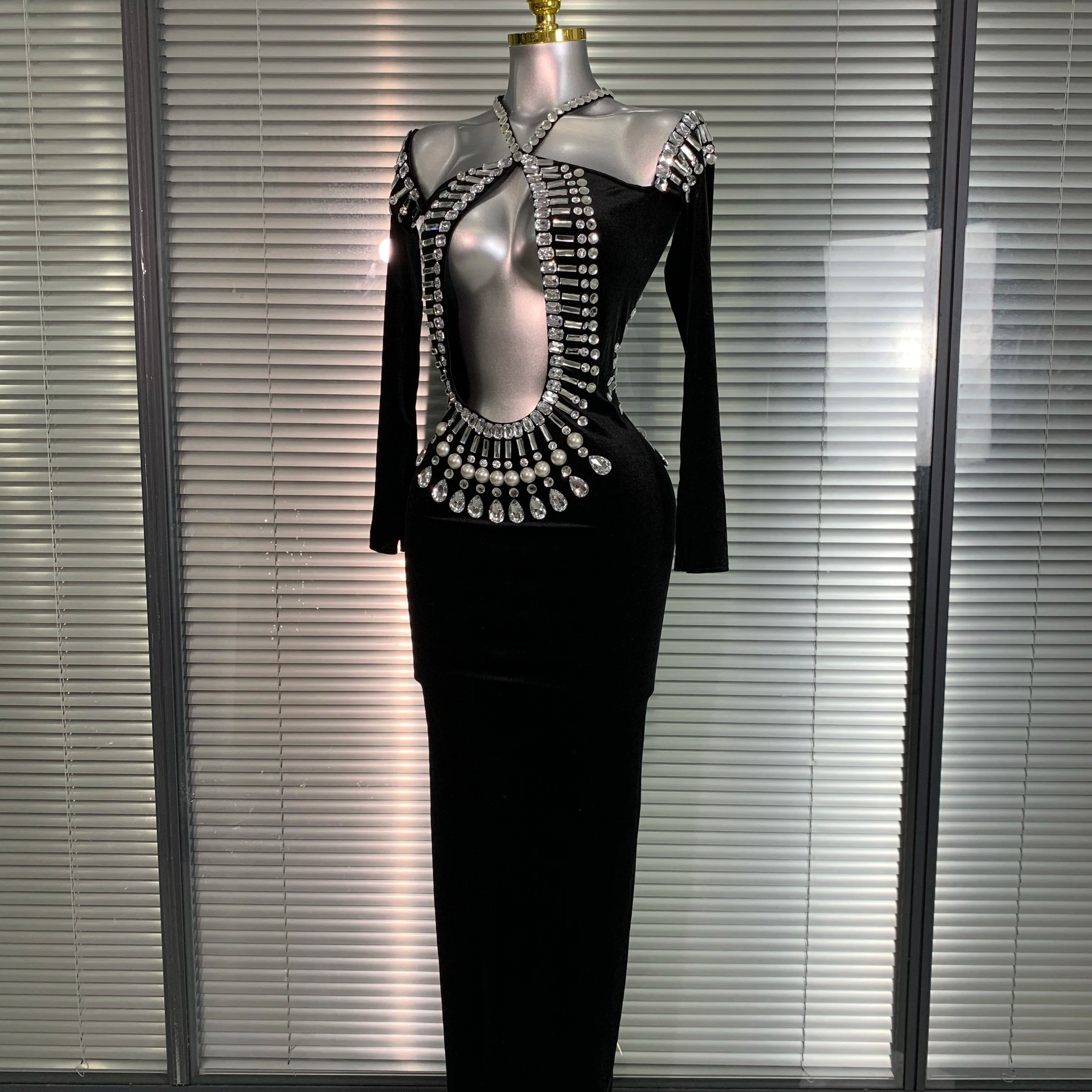 INS New Women Sexy Velvet Stretched Crystal Diamonds Rhinestones Maxi Dress Night Club Party Singer Stage Costume