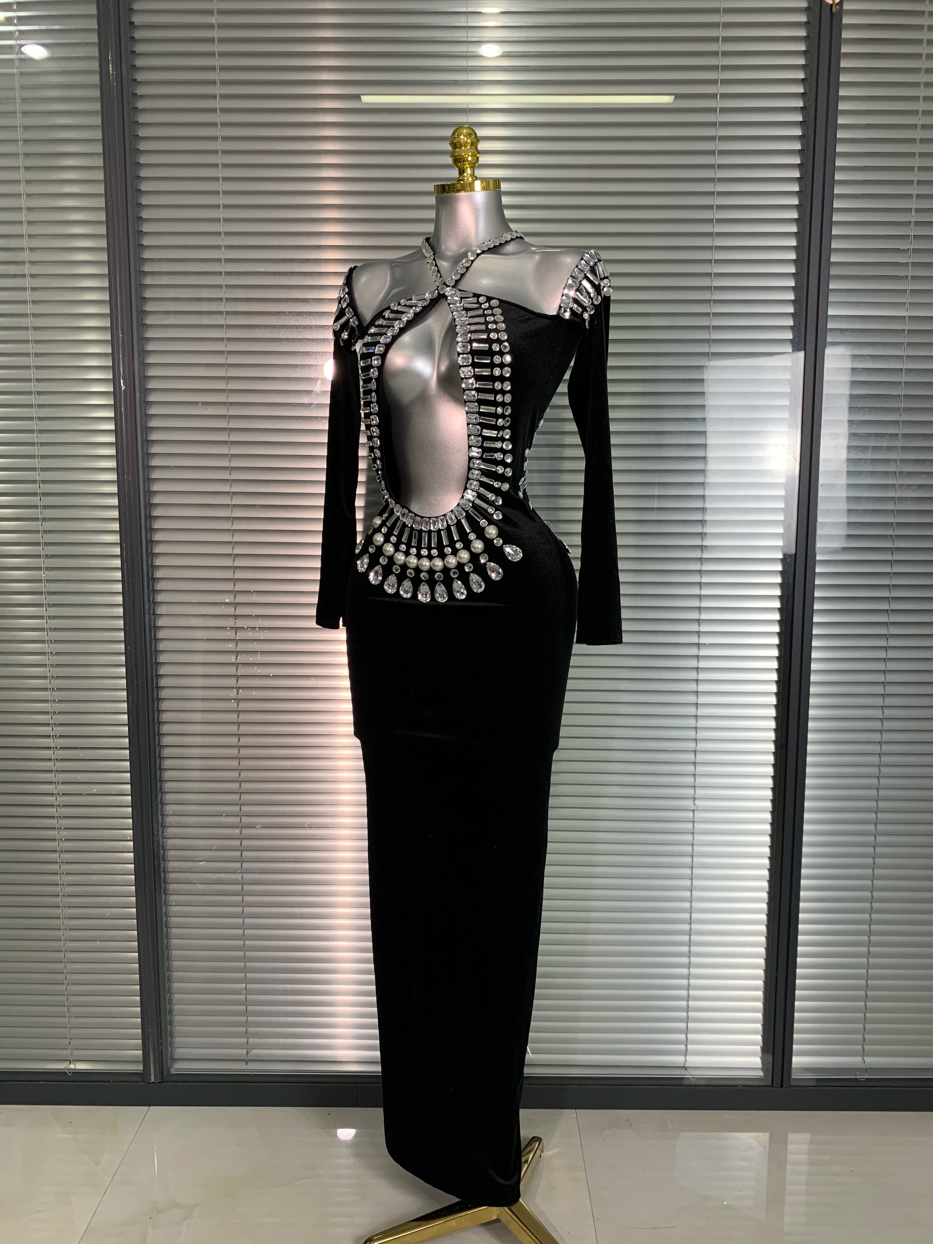 INS New Women Sexy Velvet Stretched Crystal Diamonds Rhinestones Maxi Dress Night Club Party Singer Stage Costume