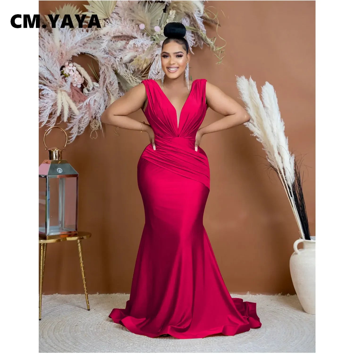 CM.YAYA Women Draped Waist Shoulder Sleeveless Deep V-neck Maxi Long Trumpet Mermaid Dress 2023 Club Sexy Party Evening Dresses
