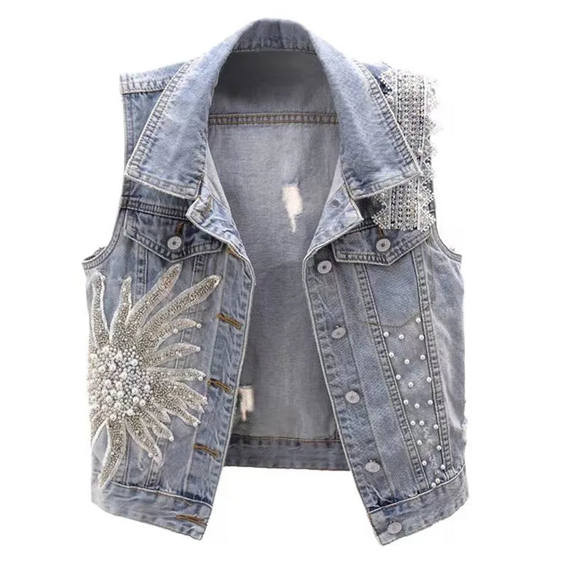 Women's Korean Style Lace Beaded Denim Vest Denim Waistcoat Fashion Cardigan Sleeveless Cropped Top Loose Plus Size Ripped Vest blue