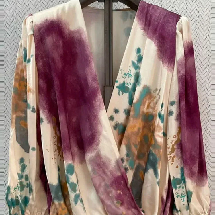 Women Skirt Fashion Stain Print Skirt Set Chic Cross V Neck Long Sleeves Shirt Slit Midi Skirts Suit Lady Fashion Outfits Top