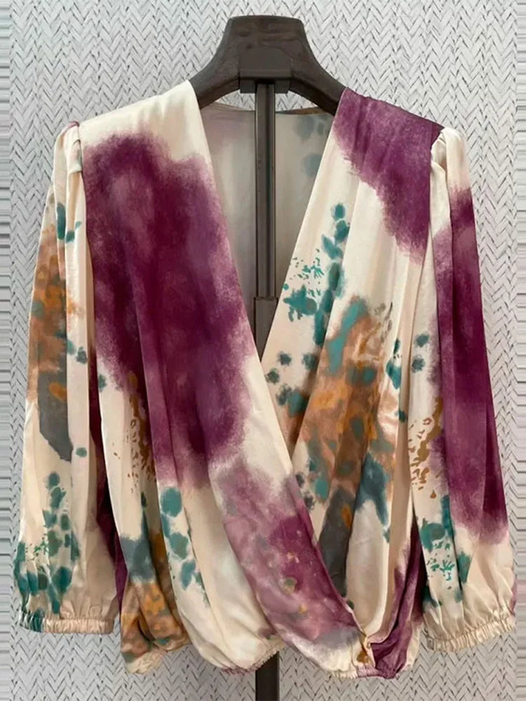 Women Skirt Fashion Stain Print Skirt Set Chic Cross V Neck Long Sleeves Shirt Slit Midi Skirts Suit Lady Fashion Outfits Top