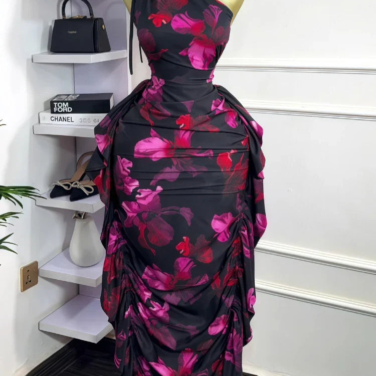 CM.YAYA Women Floral Printed One Shoulder Sleeveless Stacked Ruched Bodycon Midi Maxi Long Dress 2025 Sexy Party Evening Dresses as picture