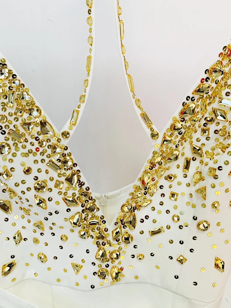 HIGH STREET est Fashion Summer 2024 Designer Women Spaghetti Strap Stunning Strass Stone Didmonds Beading Straight Jumpsuit