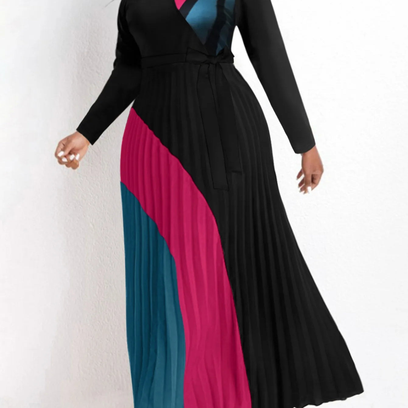 Elegant Fall Maxi Dresses Bandage Design Tiered Pleated A Line Dress Belted Long Sleeve V Neck Flowy Patchwork Vestidos Mixed Colour