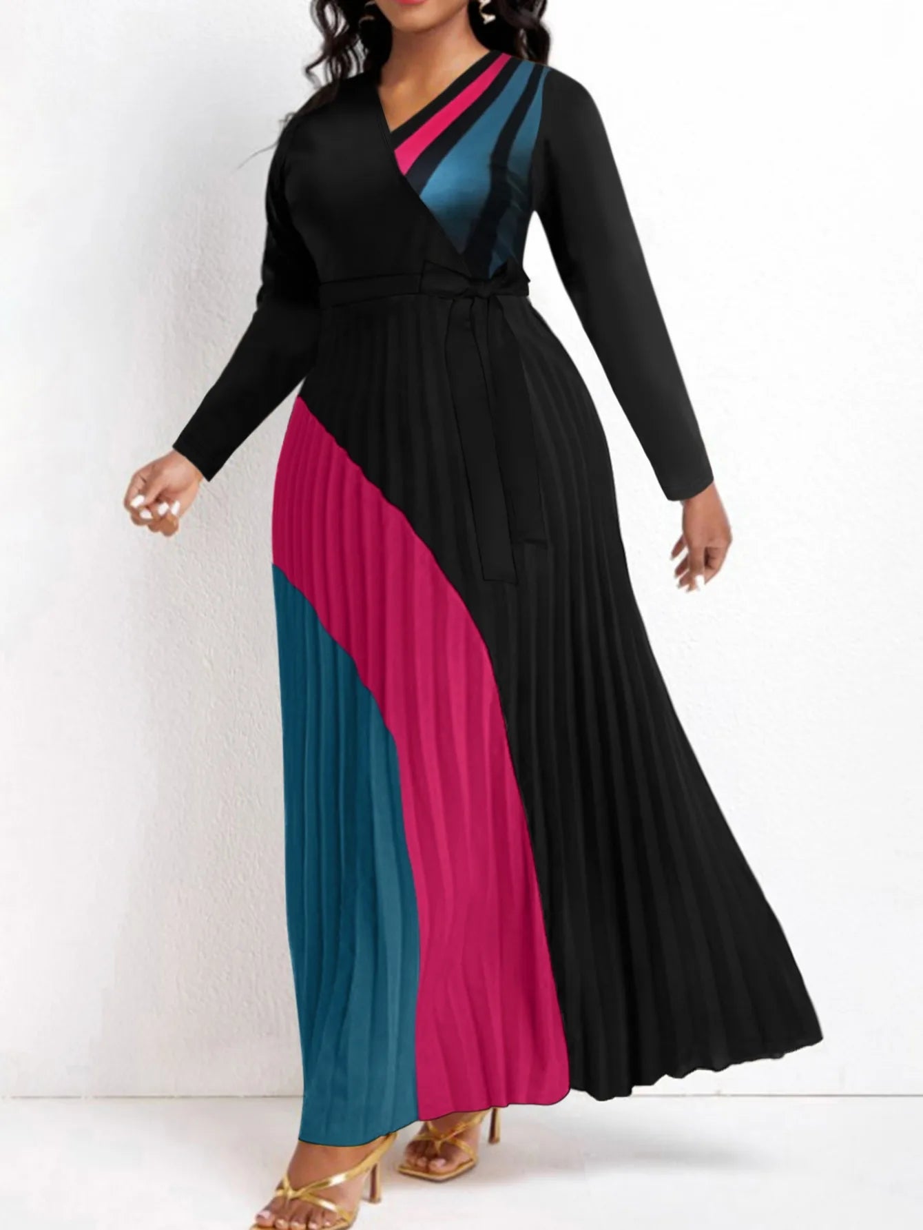 Elegant Fall Maxi Dresses Bandage Design Tiered Pleated A Line Dress Belted Long Sleeve V Neck Flowy Patchwork Vestidos Mixed Colour