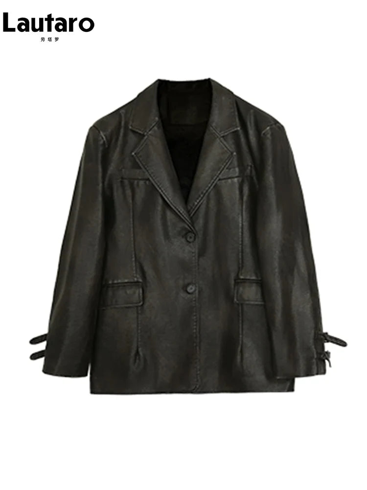 Spring Autumn Cool Retro Soft Distressed Pu Leather Blazer Jacket Women Single Breasted Loose Casual Korean Fashion 2024