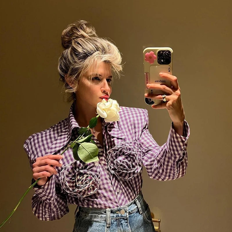 Fairy Grunge 3D Floral Plaid Shirt 90s Vintage Long Sleeve Lapel Button Women Shirt French Aesthetic Trendy Fashion Streetwear