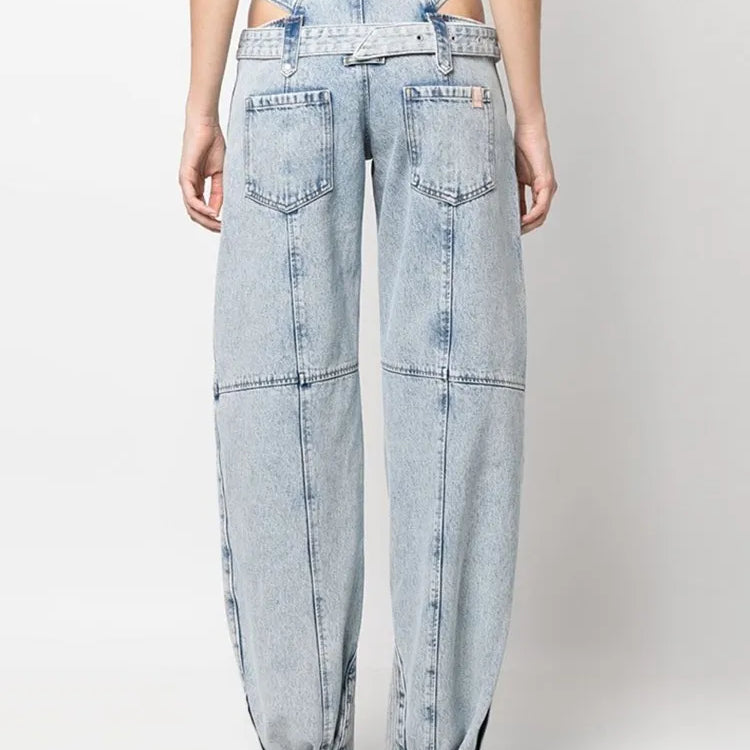 TWOTWINSTYLE Casual Cut Out Denim Trousers For Women High Waist Patchwork Belt Vintage Streetwear Jean Female Fashion Clothing