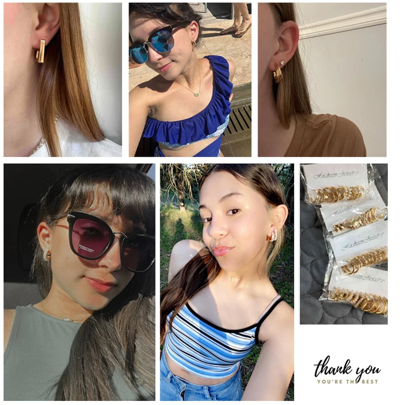 Gold Color Vintage Hoop Earrings Set for Women Boho Metal Circle Geometric Twist Pearl Dangle Earrings Trendy Jewelry Gifts