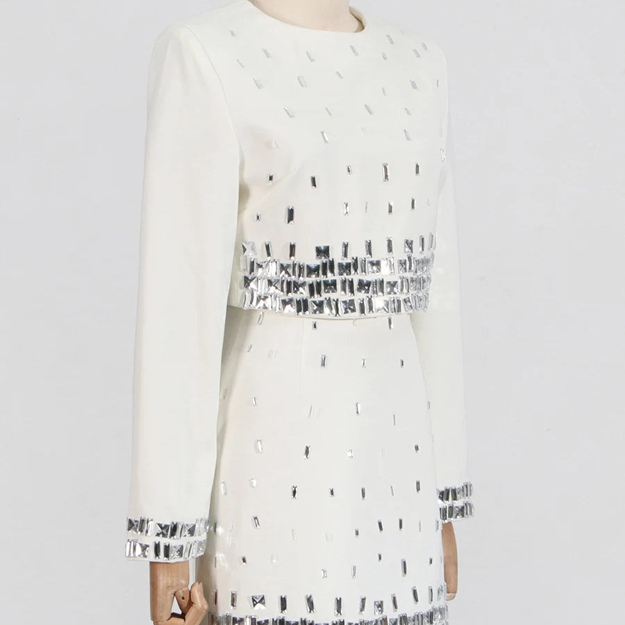 TWOTWINSTYLE Solid Slimming Spliced Bead Two Piece Sets for Women Round Neck Long Sleeves Short Top High Wasit Skirt Set Female