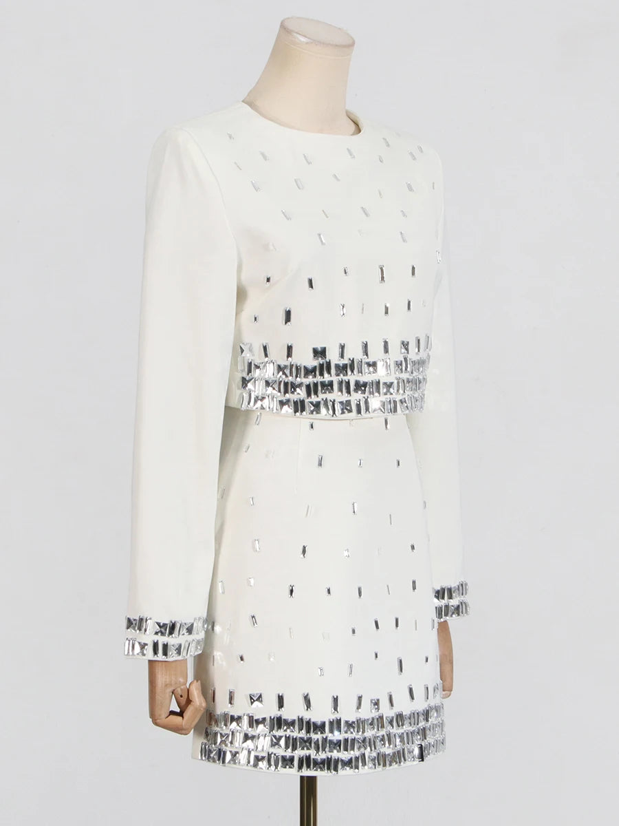 TWOTWINSTYLE Solid Slimming Spliced Bead Two Piece Sets for Women Round Neck Long Sleeves Short Top High Wasit Skirt Set Female