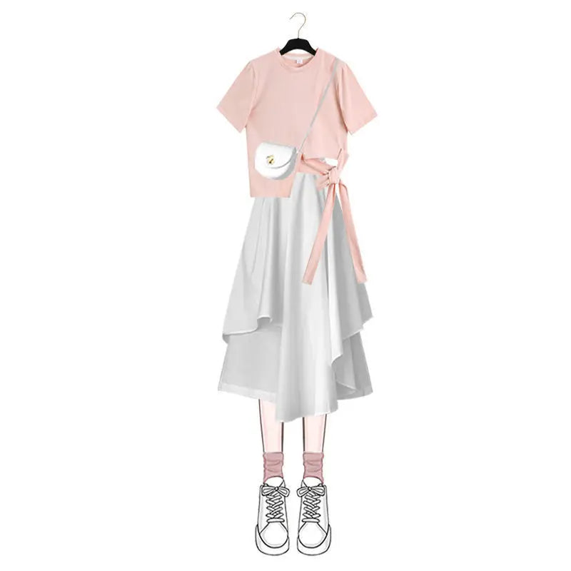 Korean Style Bow Tassel Short Sleeve T-shirt Tops Ruffle Ruffle Skirt Two-piece Elegant Women's Skirt Suit Casual Outfits