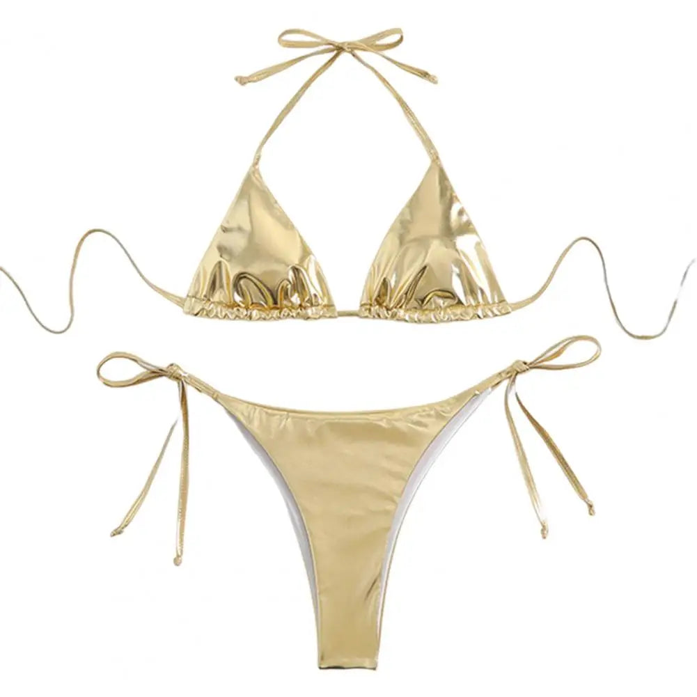 Bikini Women Swimsuit New Gold Halter Lace Up Bikinis Set Sexy Swimwear Beach Cover Up 2 Piece Beach Bathing Suit Female Golden