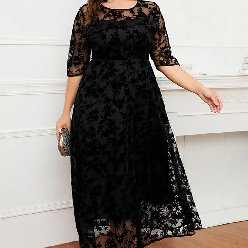 Women A-Line Dress Plus Size Lace Flocking Mesh Velvet Double Layer Tunic Embroidery Elegant Half Sleeve Spring Maxi Dress