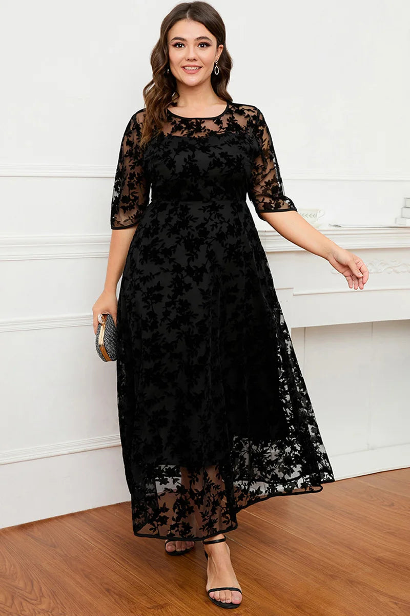 Women A-Line Dress Plus Size Lace Flocking Mesh Velvet Double Layer Tunic Embroidery Elegant Half Sleeve Spring Maxi Dress