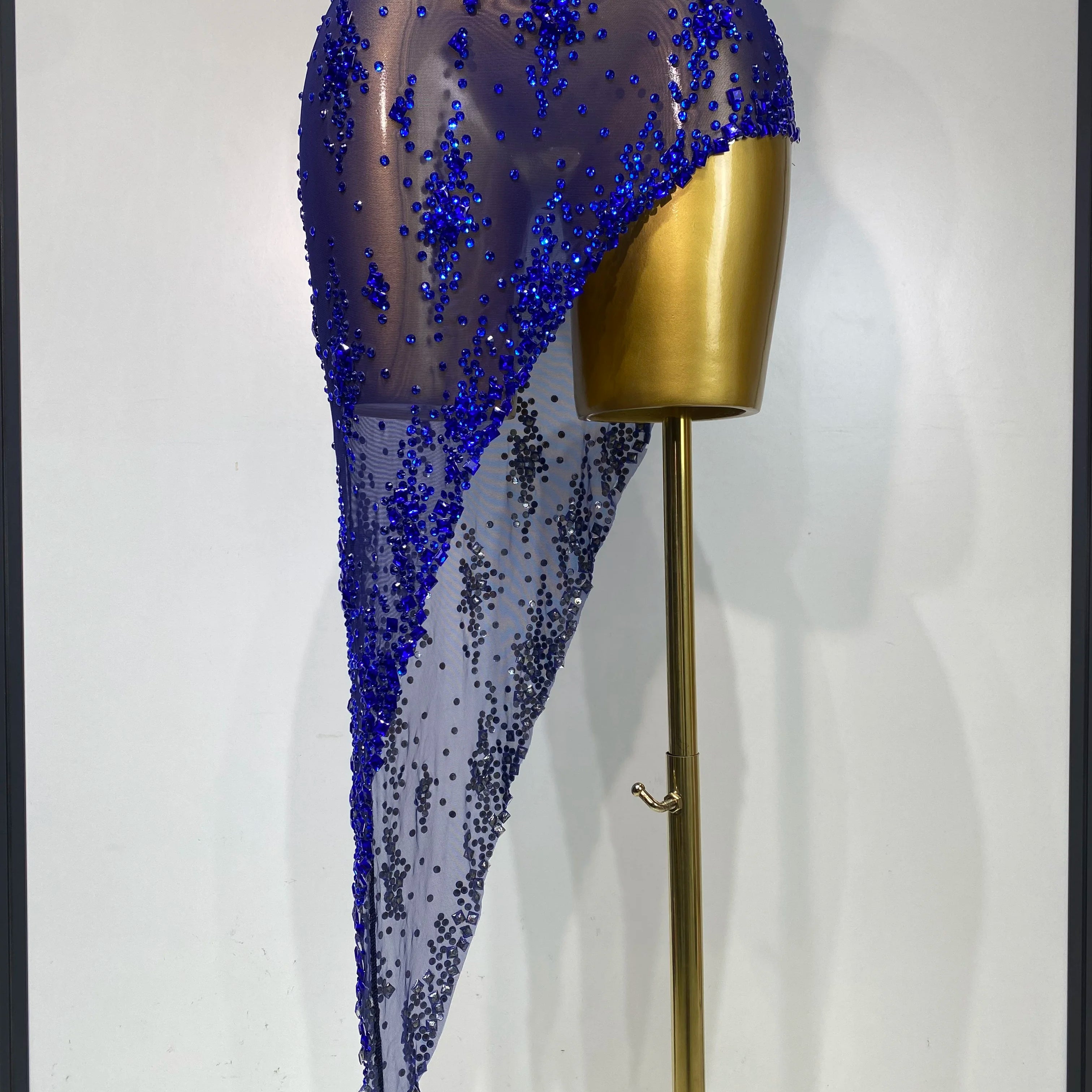 Women Sexy Luxury Birthday Prom Gowns Sparkly Diamond See Through Mesh Stretch Asymmetrical Dress Celebrity Elegant Stage Outfit