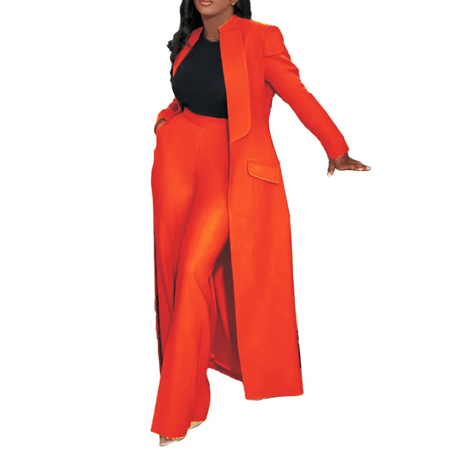 CM.YAYA Women's Set Full Sleeve X-Long Blazer Coat+ Long Pant Suit 2025 Spring Streetwear Two 2 Piece Set Africa OL Work Outfits Orange