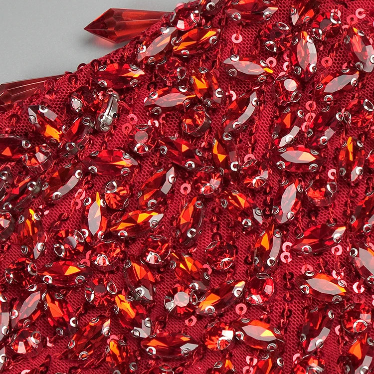 VC Red Diamonds Mermaid Dress Beaded Diagonal One-shoulder High Split Crystals Details Maxi Banquet Evening Party Gown