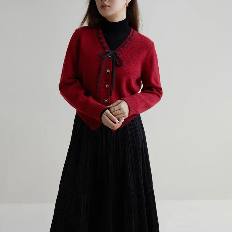 Women Sweet V-Neck Lace-up Red Sweaters Winter Gentle Female Sweater Jacket Temperament Knitted Black Cardigans