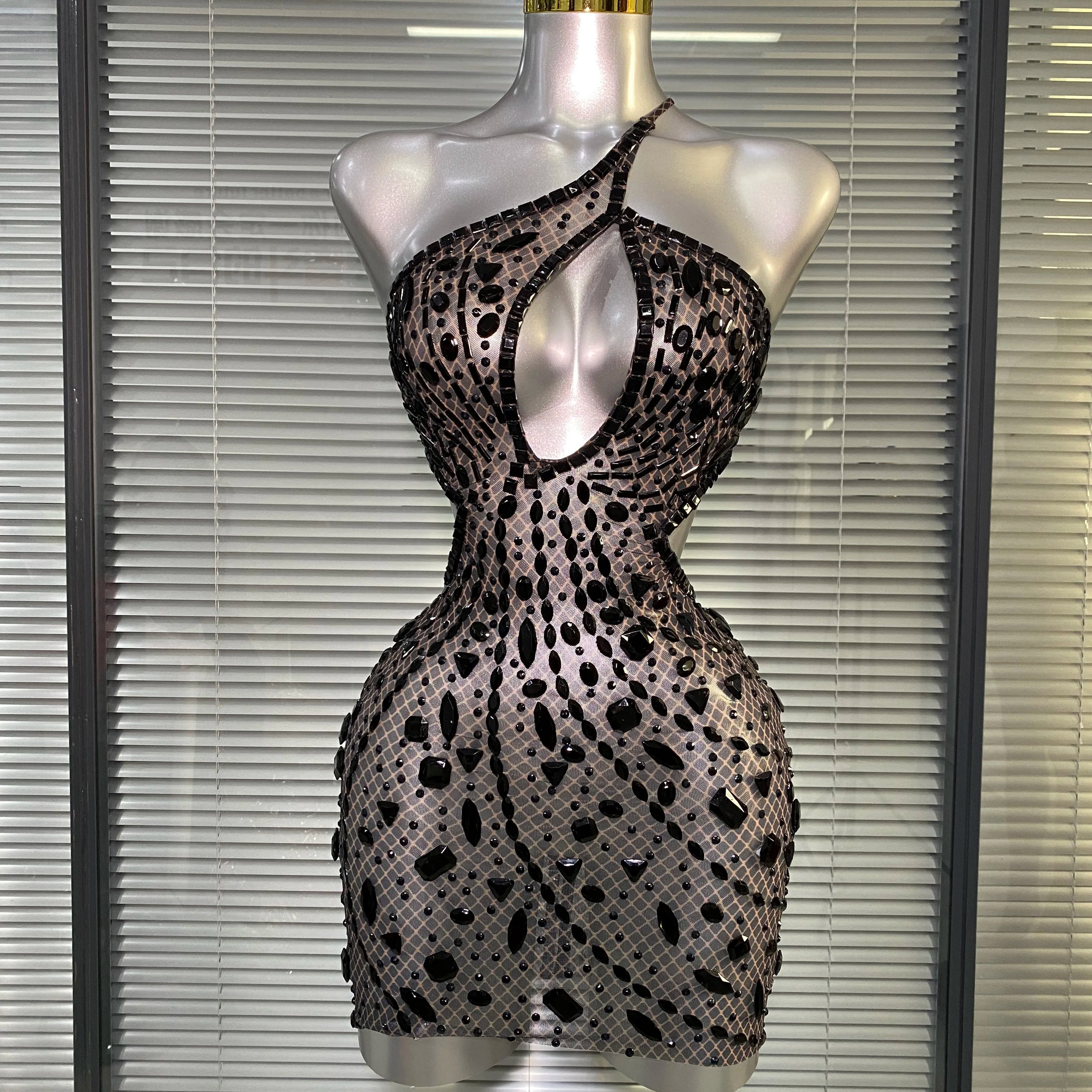 Women Sexy See Through Mesh One Shoulder Backless Brown Costume Stage Dancer Singer Fancy Night Club Mini Party Dress