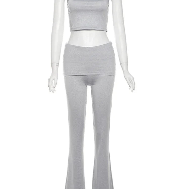 XIZOU Two 2 Piece Pant Suits Womens Outfits Sleeveless Cropped Halter Top and High Waist Flare Pants Joggers Matching Set 2024