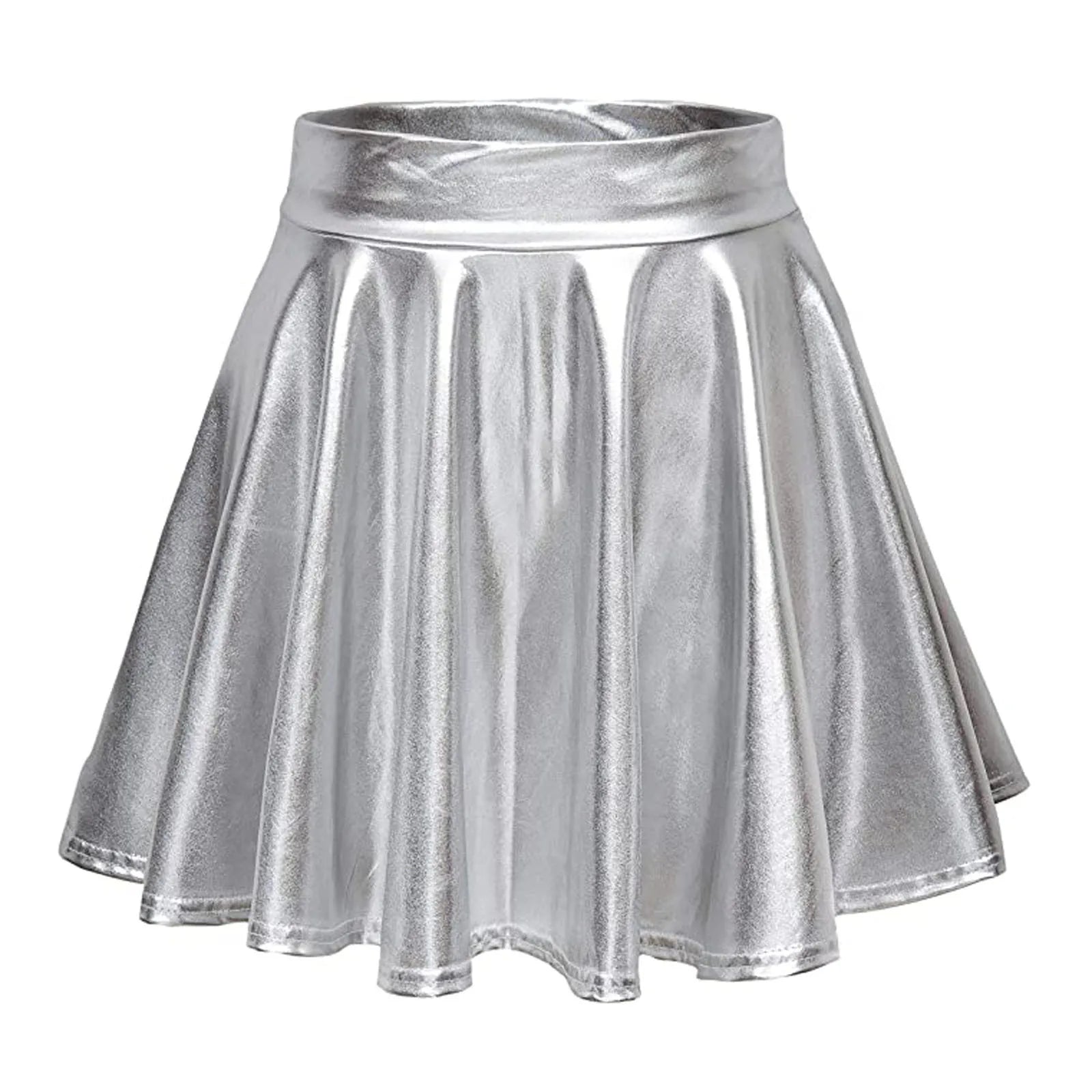 Women Shiny Metallic Pleated Skirt Stretchy High Waist A-Line Mini Skirts for Carnival Party Performance Nightclub Rave Dance Silver-2