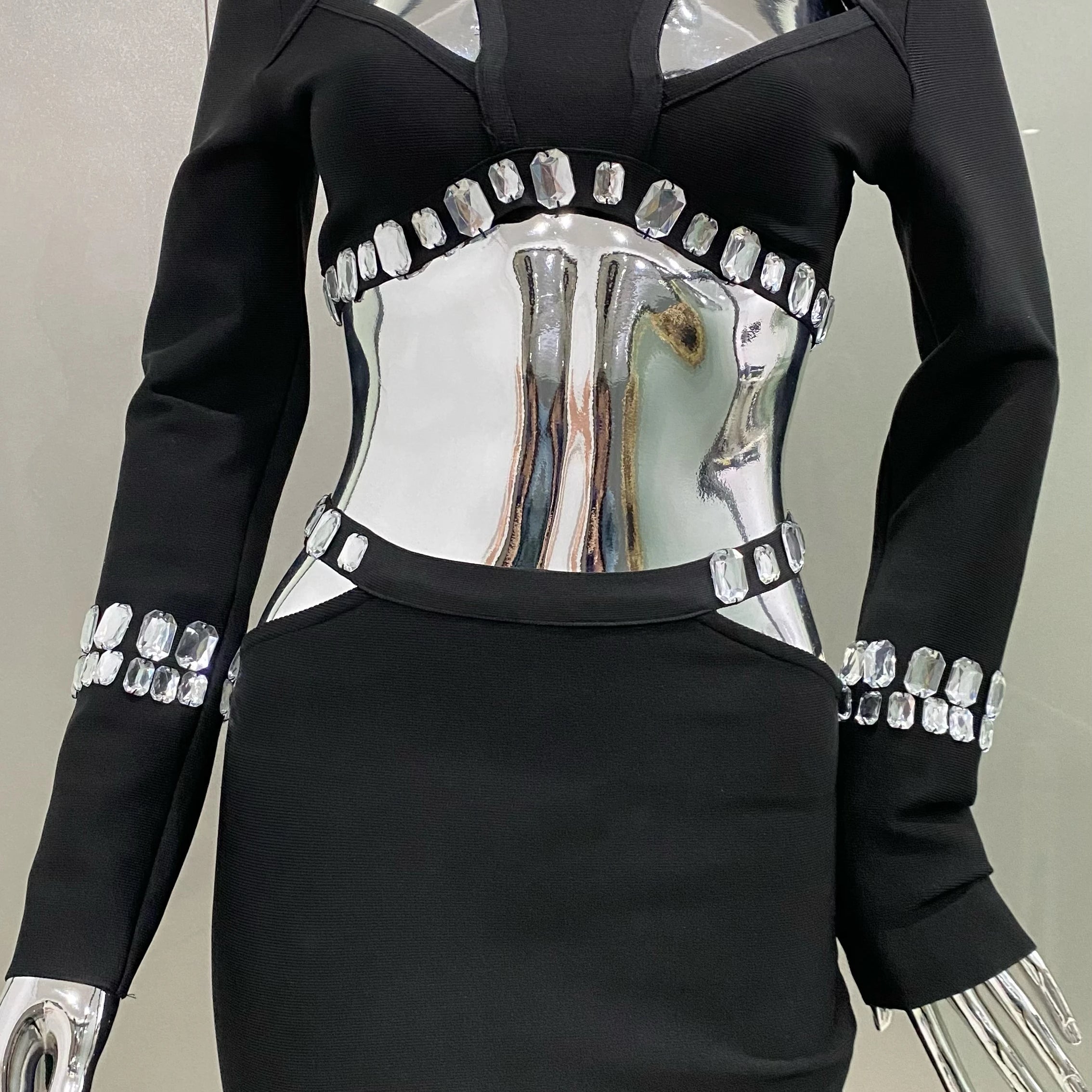 STOCK Stylish Luxury Diamonds Woman Bandage Set Sexy Hollow Out Short Top And Mermaid Long Skirt 2 Pieces  Evening Party Vestido