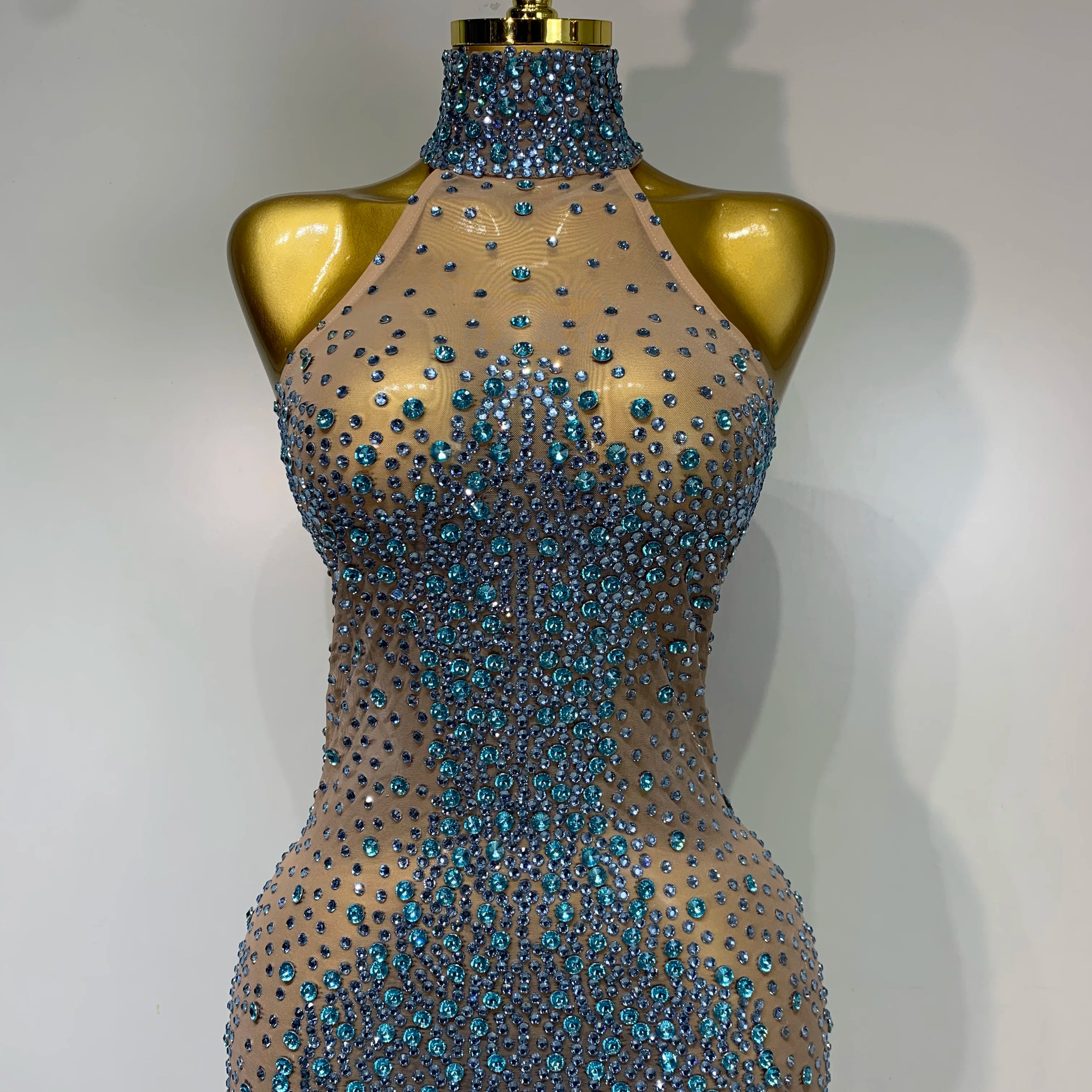 Sparkly Rhinestones Sleeveless Dress Sexy Mesh Transparent Celebrate Evening Wedding Prom Luxury Birthday Dresses Stage Outfit